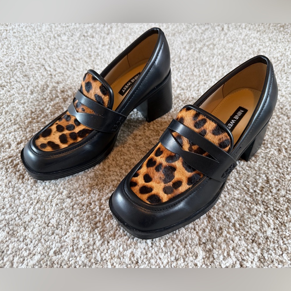 Nine West Black Leather Leopard Fur Heeled Clogs Womens Shoes Loafers Size 5